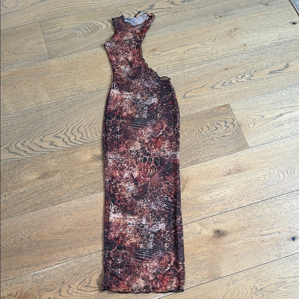Fashion Nova Sleeveless Maxi Swim Coverup Dress in Rust and Brown Abstract